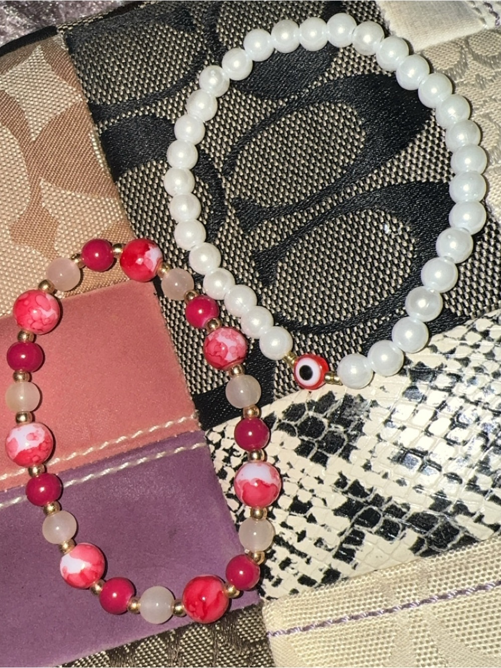 Red bracelet set -red pearl protective evil eye - red and gold stretch bracelets